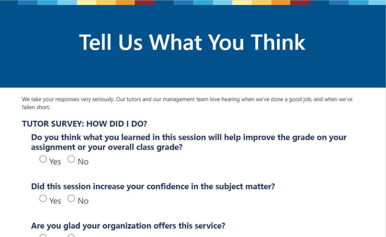 Brainfuse HelpNow post-session feedback survey