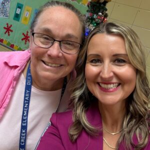 Norfolk Public Schools site visit photo with Sandra McQuerrey, Math Specialist at Little Creek Elementary, highlighting Brainfuse online tutoring for K-12 schools and math intervention support.