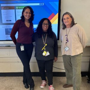 Norfolk Public Schools site visit at Academy of International Studies at Rosemont with Cassandra Smith, Tyreese Hamilton, and Noreen Casey, highlighting Brainfuse online tutoring for K-12 schools and classroom implementation support.