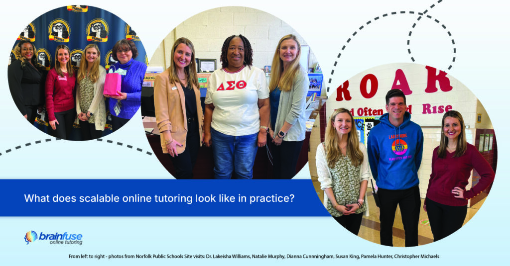Graphic for a Norfolk Public Schools and Brainfuse impact story showing three site visit photos with school staff and Brainfuse team members. Text reads, “What does scalable online tutoring look like in practice?” Logo and caption identify the photos as Norfolk Public Schools site visits.